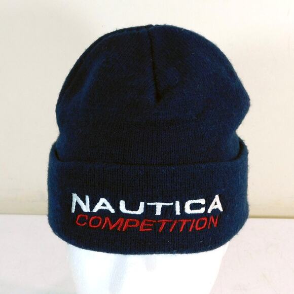Vintage 90s Nautica Competition Beanie Winter Hat OSFA Navy Blue Embroidered - Picture 1 of 6